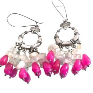 Moonstone Pink Agate Silver Boho Earrings Chandelier Gemstone